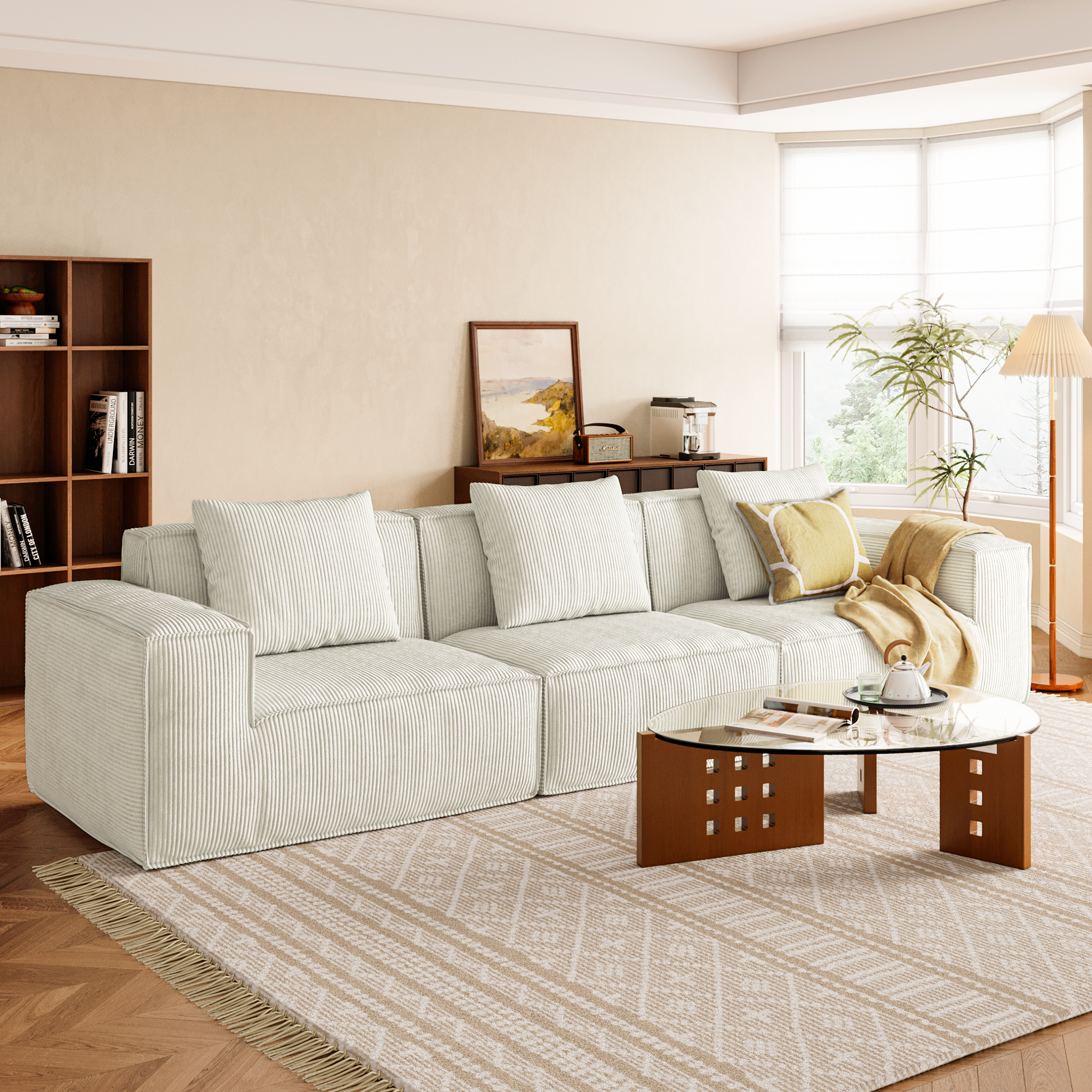 118-inch modular sofa can be converted into an oversized sofa bed Free conversion sofa set flexible configuration, soft corduroy cloud velvet fabric Three-person combination white