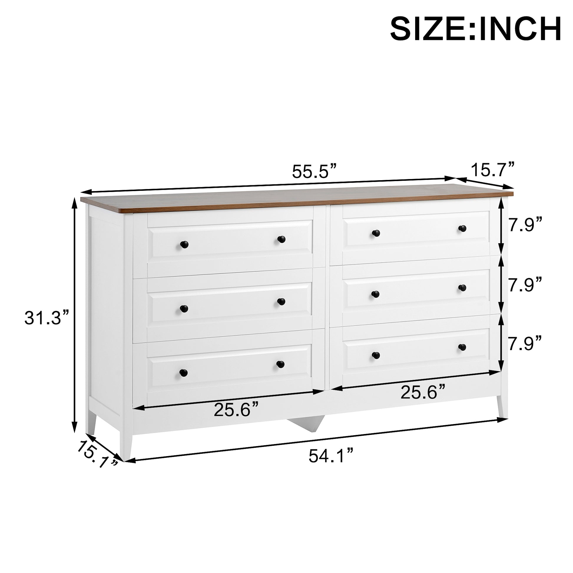 White Dresser for Bedroom, 6 Drawer Dresser with Wide Drawer and Metal Handles, White Dresser, Wood Dressers & Chests of Drawers for Hallway, Entryway.