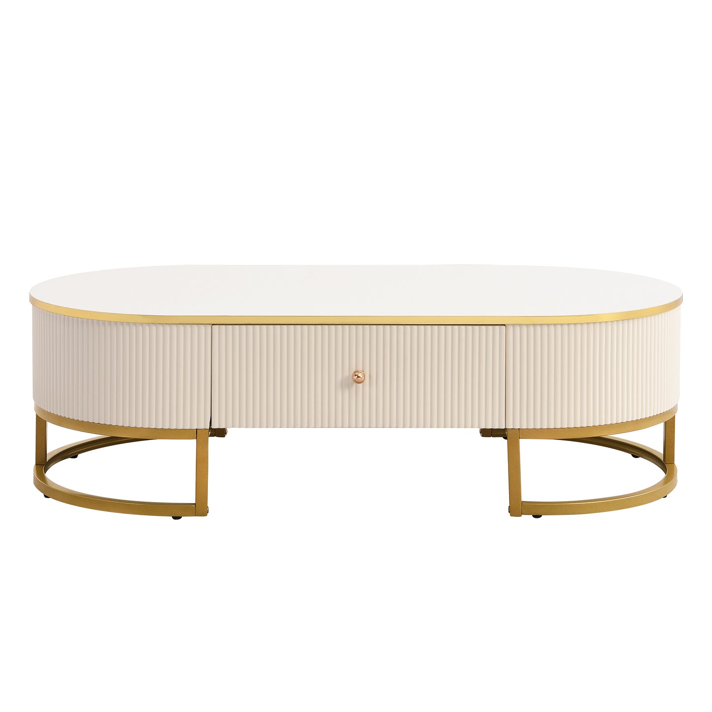 Modern Oval Coffee Table with Drawers,Curved Profile Design, Gold Metal Decor, Center Table for Living Room in 47.2'