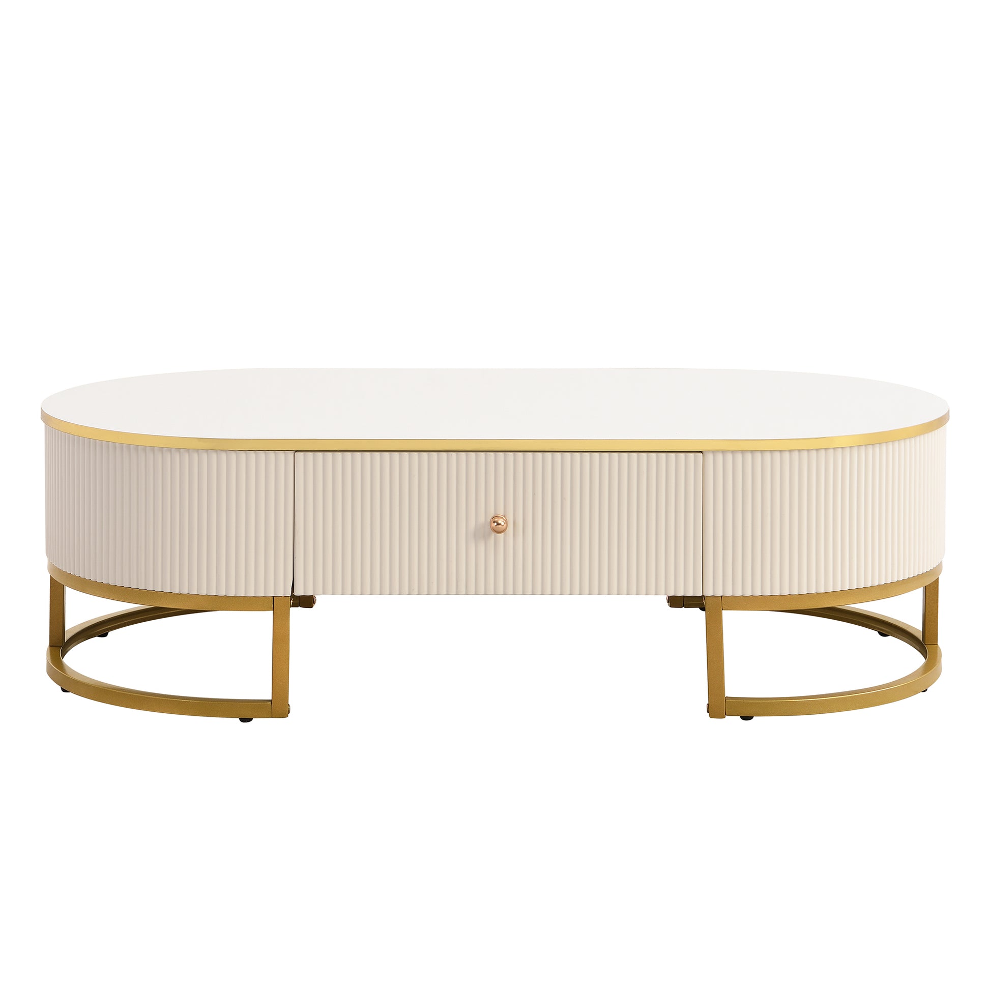 Modern Oval Coffee Table with Drawers,Curved Profile Design, Gold Metal Decor, Center Table for Living Room in 47.2'