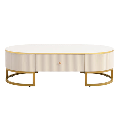 Modern Oval Coffee Table with Drawers,Curved Profile Design, Gold Metal Decor, Center Table for Living Room in 47.2'