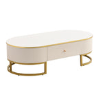 Modern Oval Coffee Table with Drawers,Curved Profile Design, Gold Metal Decor, Center Table for Living Room in 47.2'