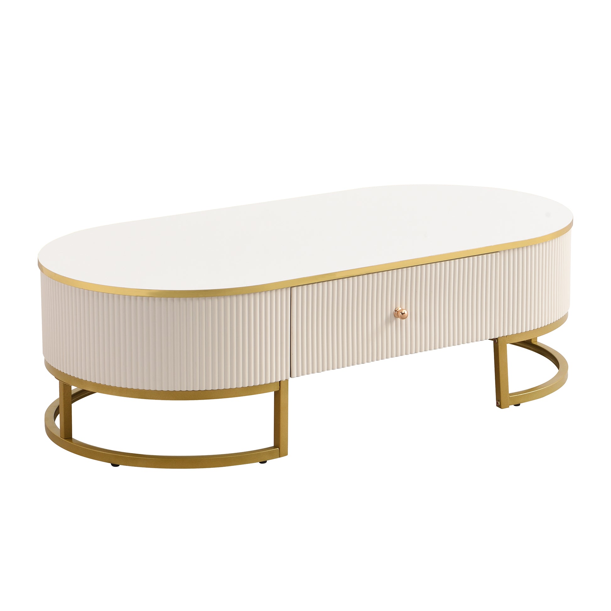 Modern Oval Coffee Table with Drawers,Curved Profile Design, Gold Metal Decor, Center Table for Living Room in 47.2'