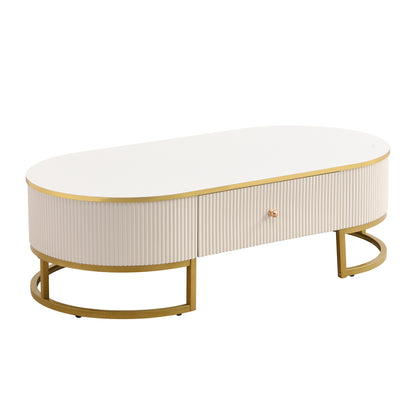 Modern Oval Coffee Table with Drawers,Curved Profile Design, Gold Metal Decor, Center Table for Living Room in 47.2'