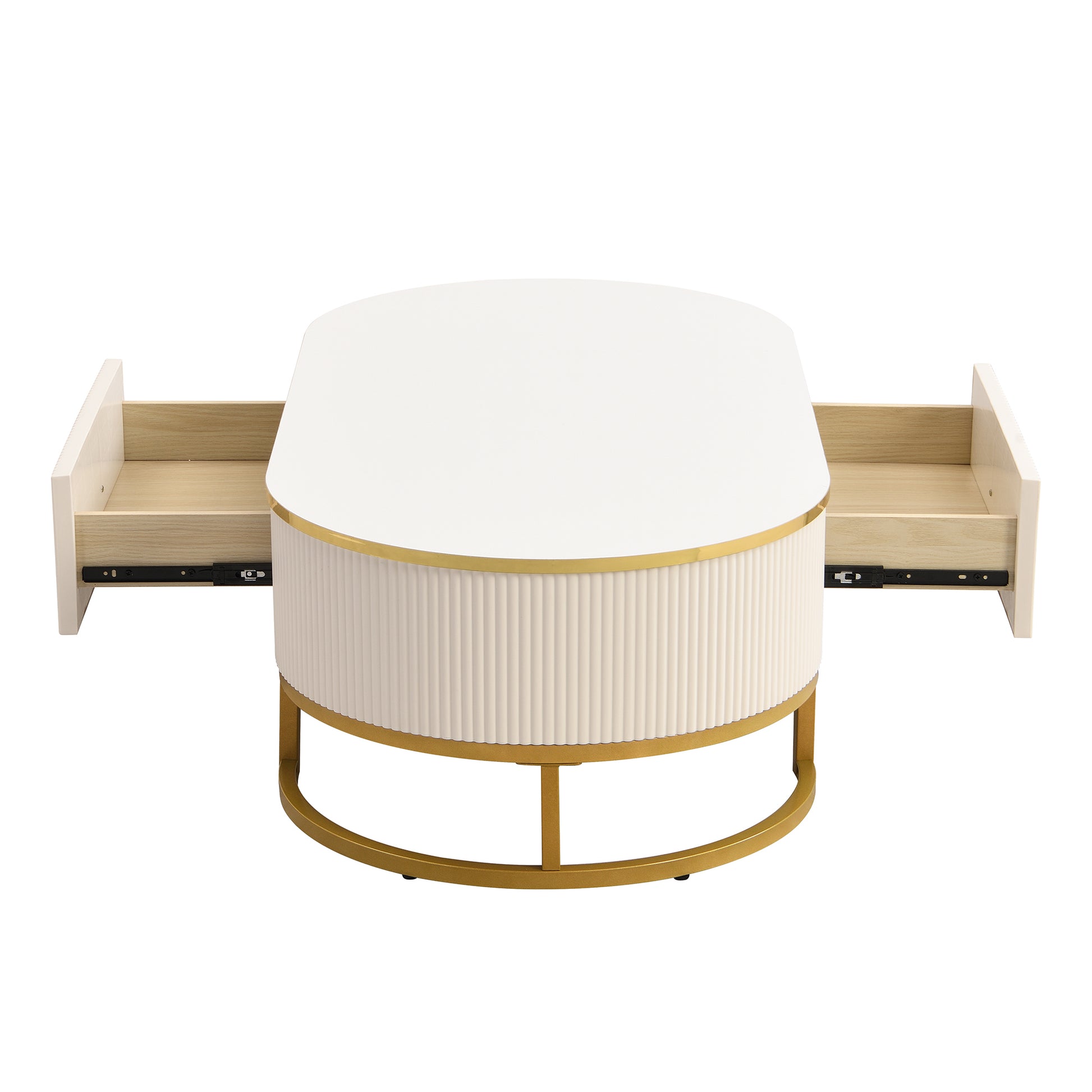 Modern Oval Coffee Table with Drawers,Curved Profile Design, Gold Metal Decor, Center Table for Living Room in 47.2'