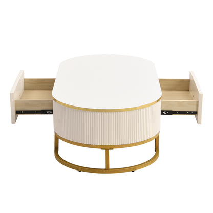 Modern Oval Coffee Table with Drawers,Curved Profile Design, Gold Metal Decor, Center Table for Living Room in 47.2'