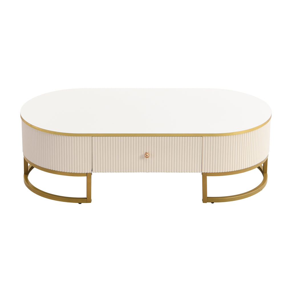 Modern Oval Coffee Table with Drawers,Curved Profile Design, Gold Metal Decor, Center Table for Living Room in 47.2'