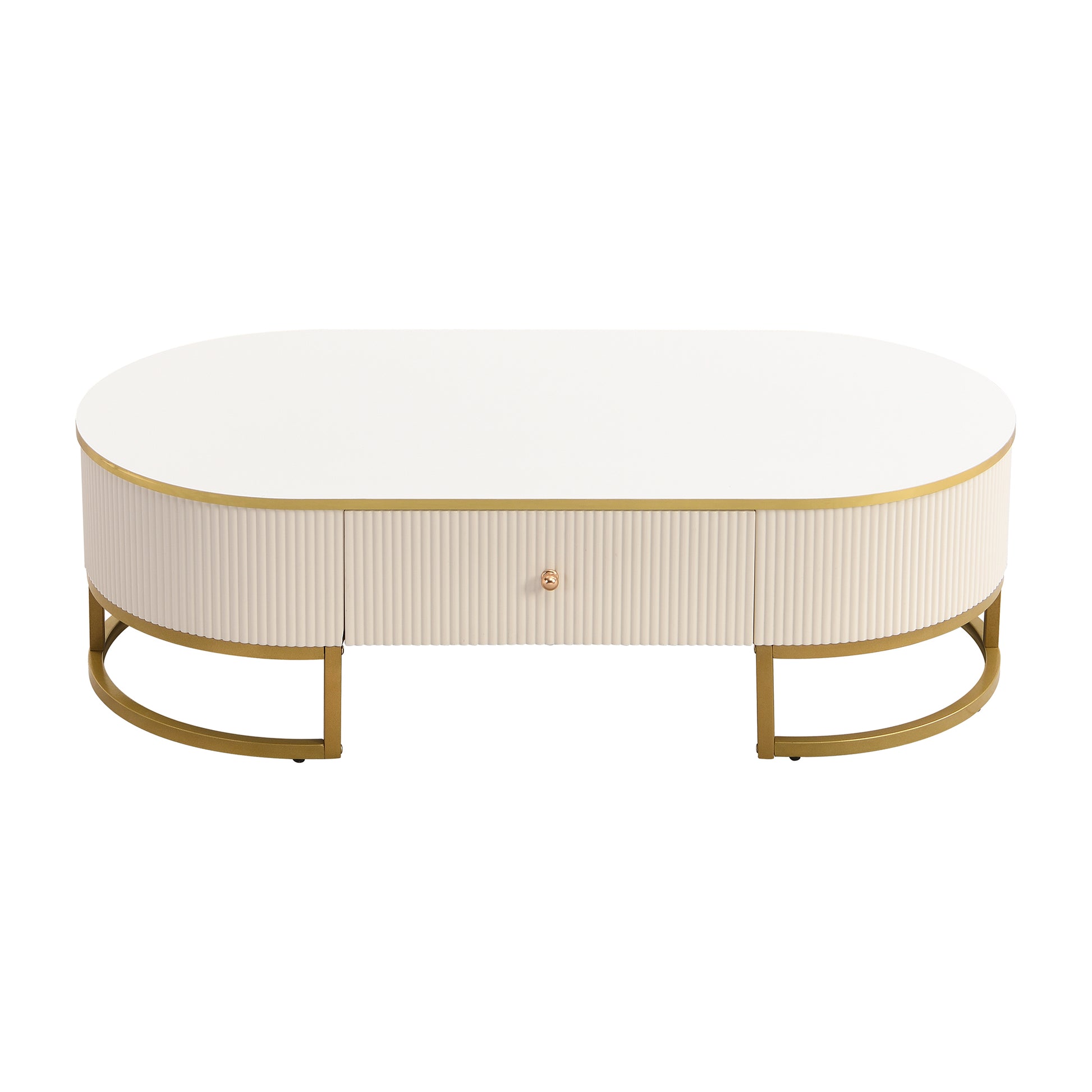 Modern Oval Coffee Table with Drawers,Curved Profile Design, Gold Metal Decor, Center Table for Living Room in 47.2'