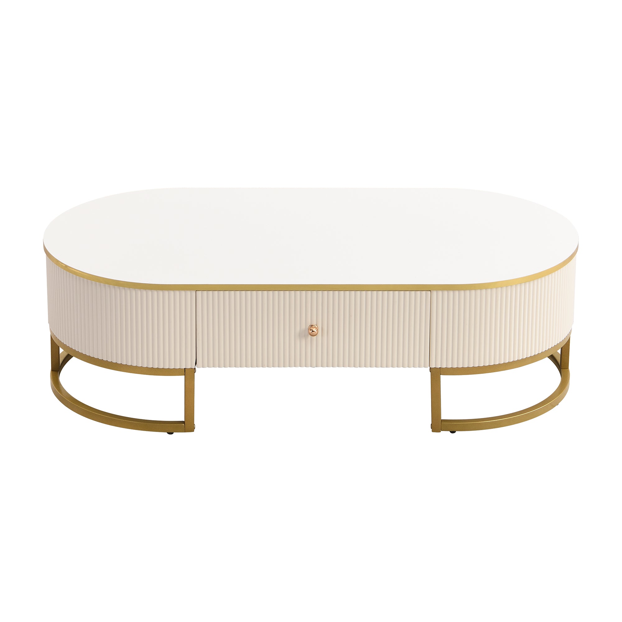 Modern Oval Coffee Table with Drawers,Curved Profile Design, Gold Metal Decor, Center Table for Living Room in 47.2'