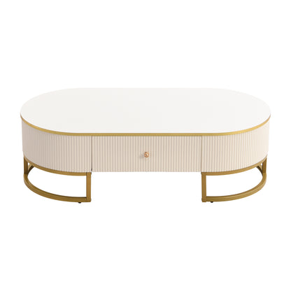 Modern Oval Coffee Table with Drawers,Curved Profile Design, Gold Metal Decor, Center Table for Living Room in 47.2'