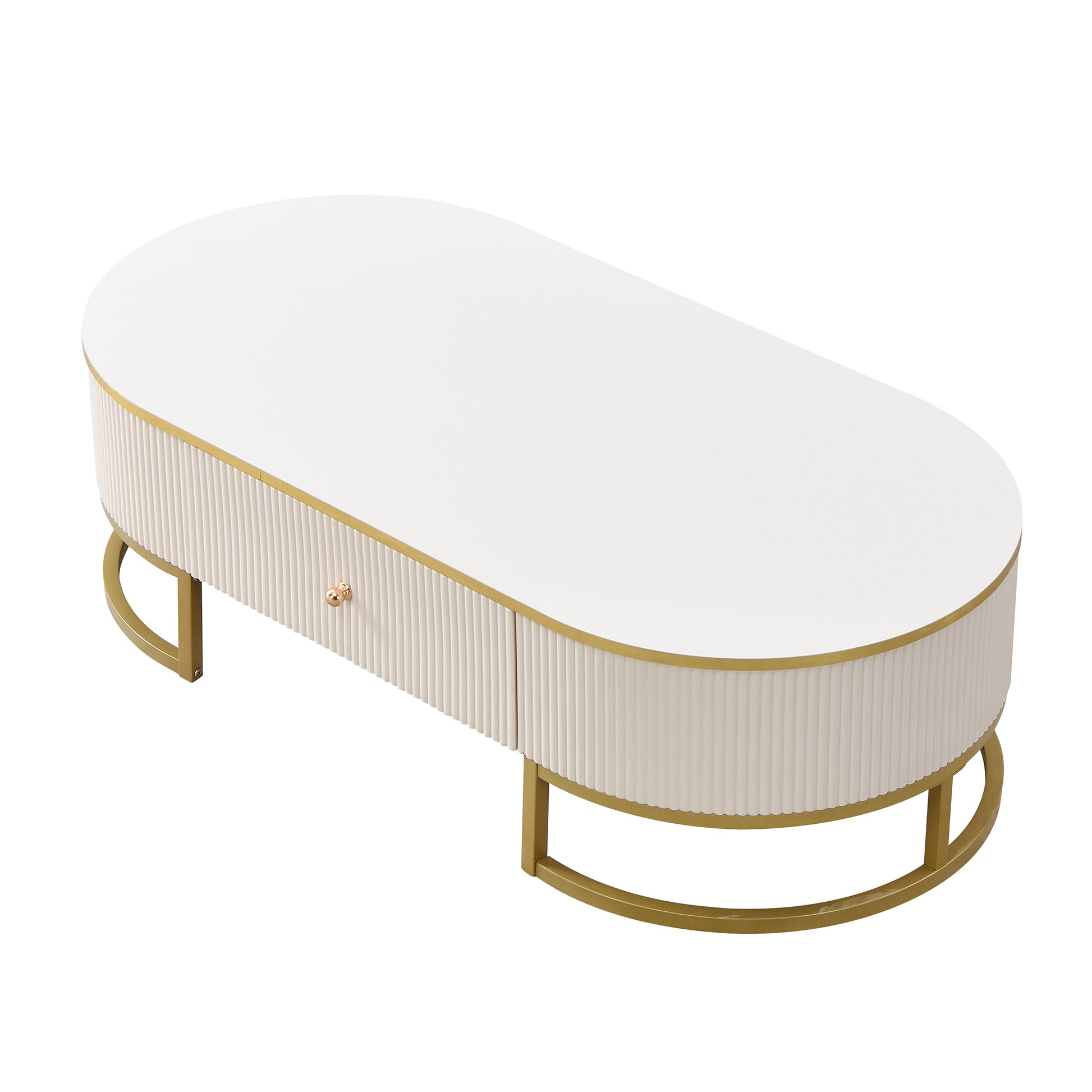 Modern Oval Coffee Table with Drawers,Curved Profile Design, Gold Metal Decor, Center Table for Living Room in 47.2'
