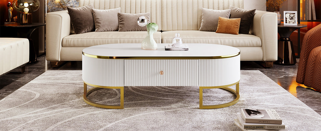 Modern Oval Coffee Table with Drawers,Curved Profile Design, Gold Metal Decor, Center Table for Living Room in 47.2'