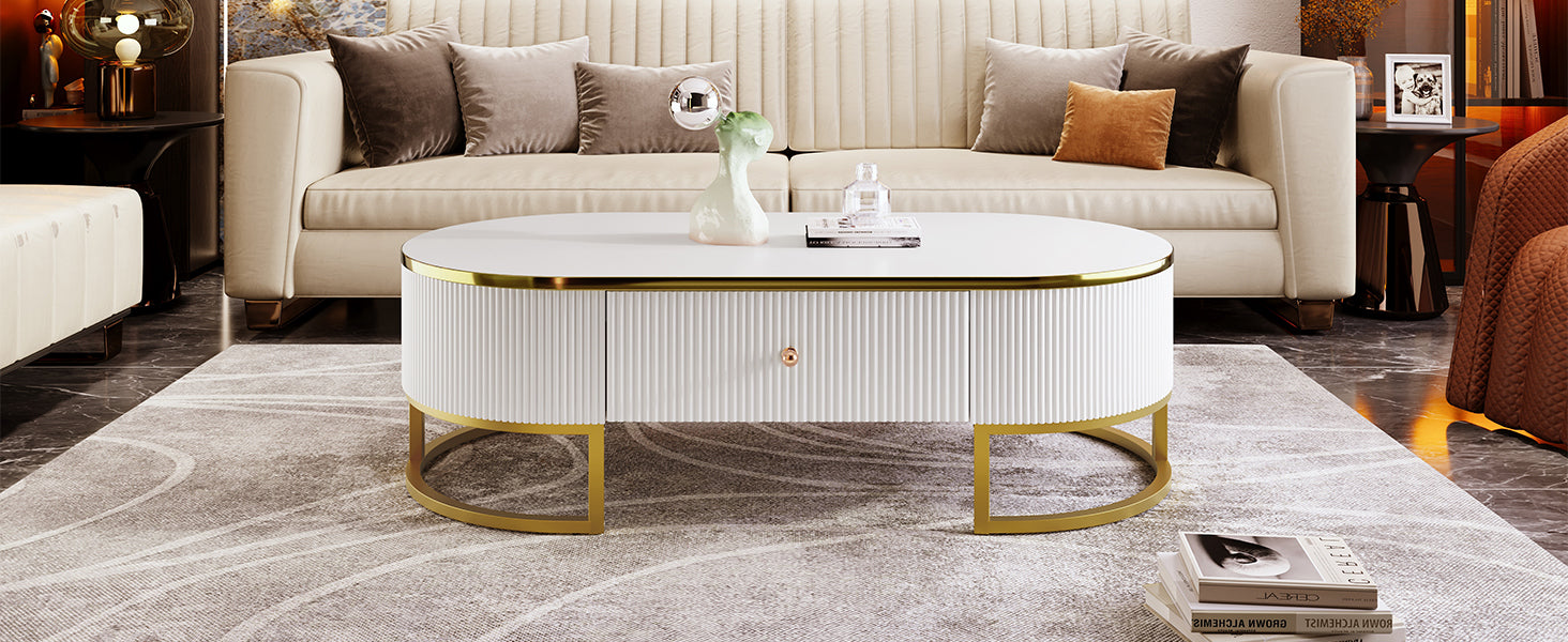 Modern Oval Coffee Table with Drawers,Curved Profile Design, Gold Metal Decor, Center Table for Living Room in 47.2'
