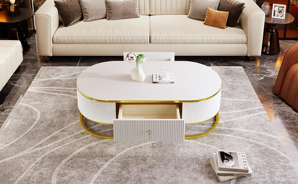 Modern Oval Coffee Table with Drawers,Curved Profile Design, Gold Metal Decor, Center Table for Living Room in 47.2'