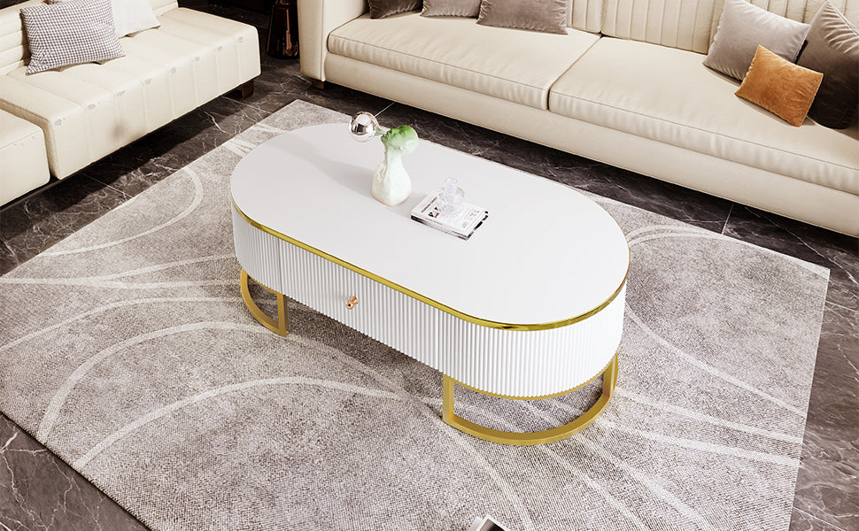 Modern Oval Coffee Table with Drawers,Curved Profile Design, Gold Metal Decor, Center Table for Living Room in 47.2'