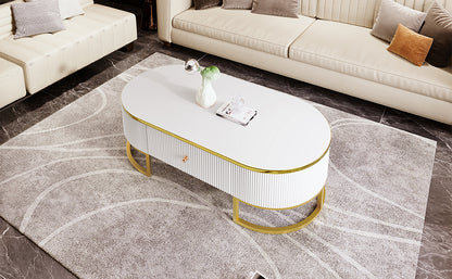 Modern Oval Coffee Table with Drawers,Curved Profile Design, Gold Metal Decor, Center Table for Living Room in 47.2'