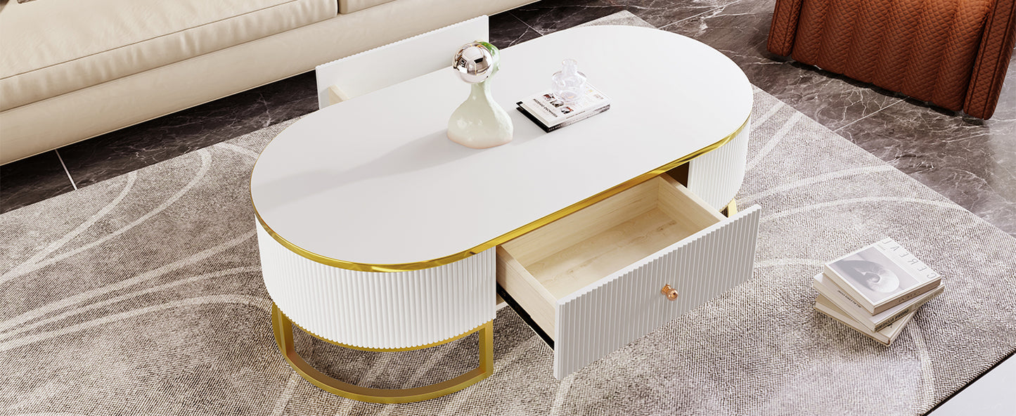 Modern Oval Coffee Table with Drawers,Curved Profile Design, Gold Metal Decor, Center Table for Living Room in 47.2'