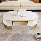Modern Oval Coffee Table with Drawers,Curved Profile Design, Gold Metal Decor, Center Table for Living Room in 47.2'