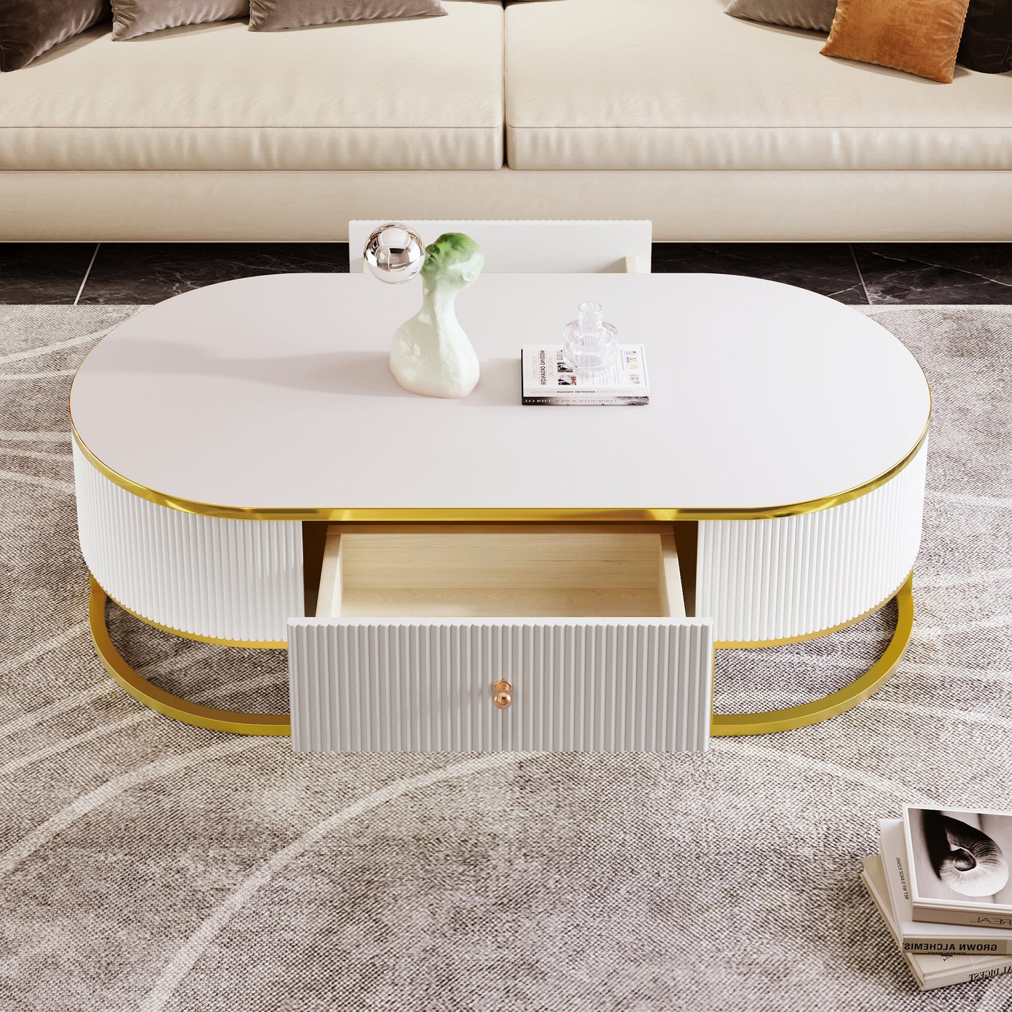 Modern Oval Coffee Table with Drawers,Curved Profile Design, Gold Metal Decor, Center Table for Living Room in 47.2'