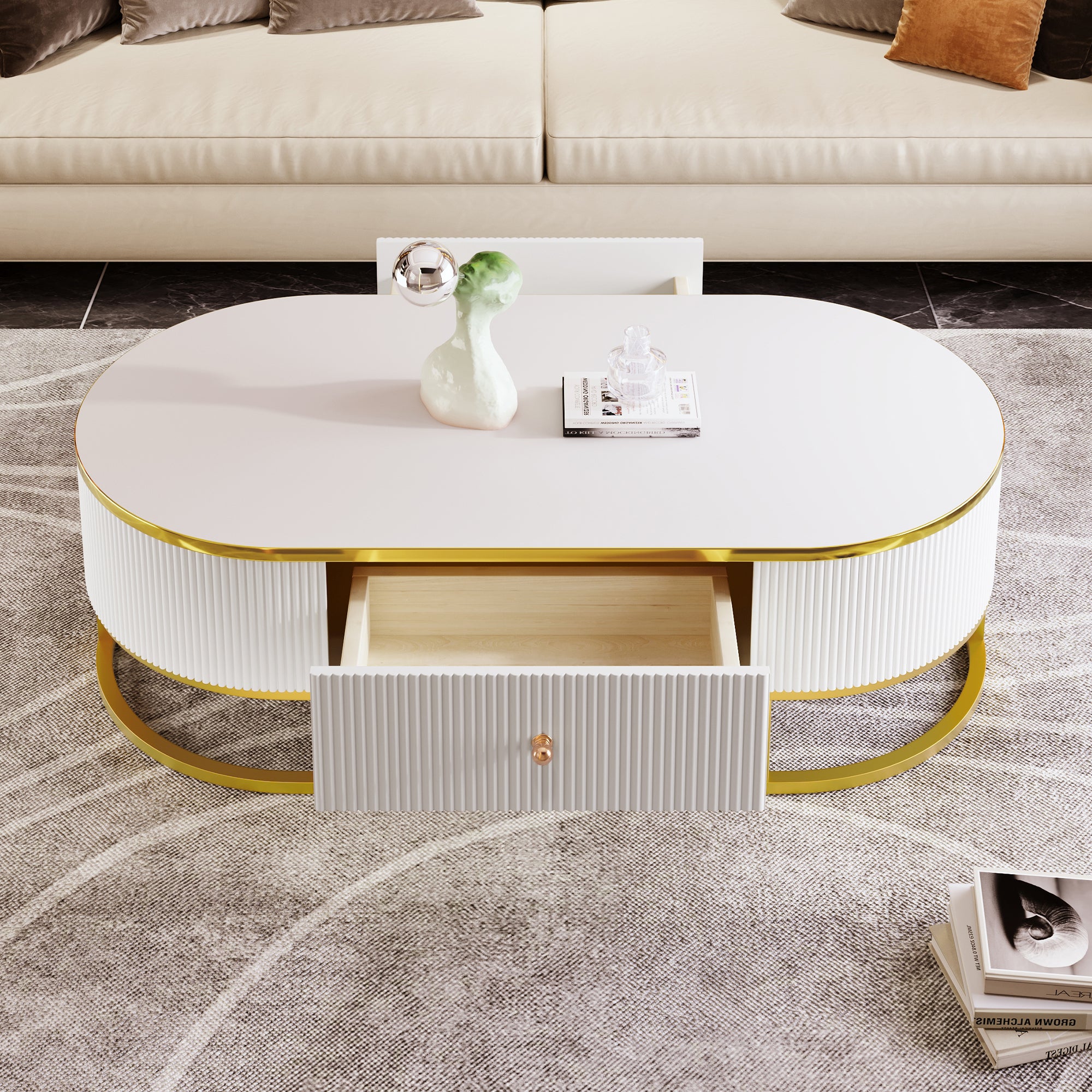 Modern Oval Coffee Table with Drawers,Curved Profile Design, Gold Metal Decor, Center Table for Living Room in 47.2'