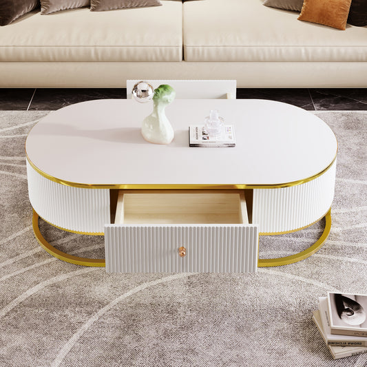 Modern Oval Coffee Table with Drawers,Curved Profile Design, Gold Metal Decor, Center Table for Living Room in 47.2'