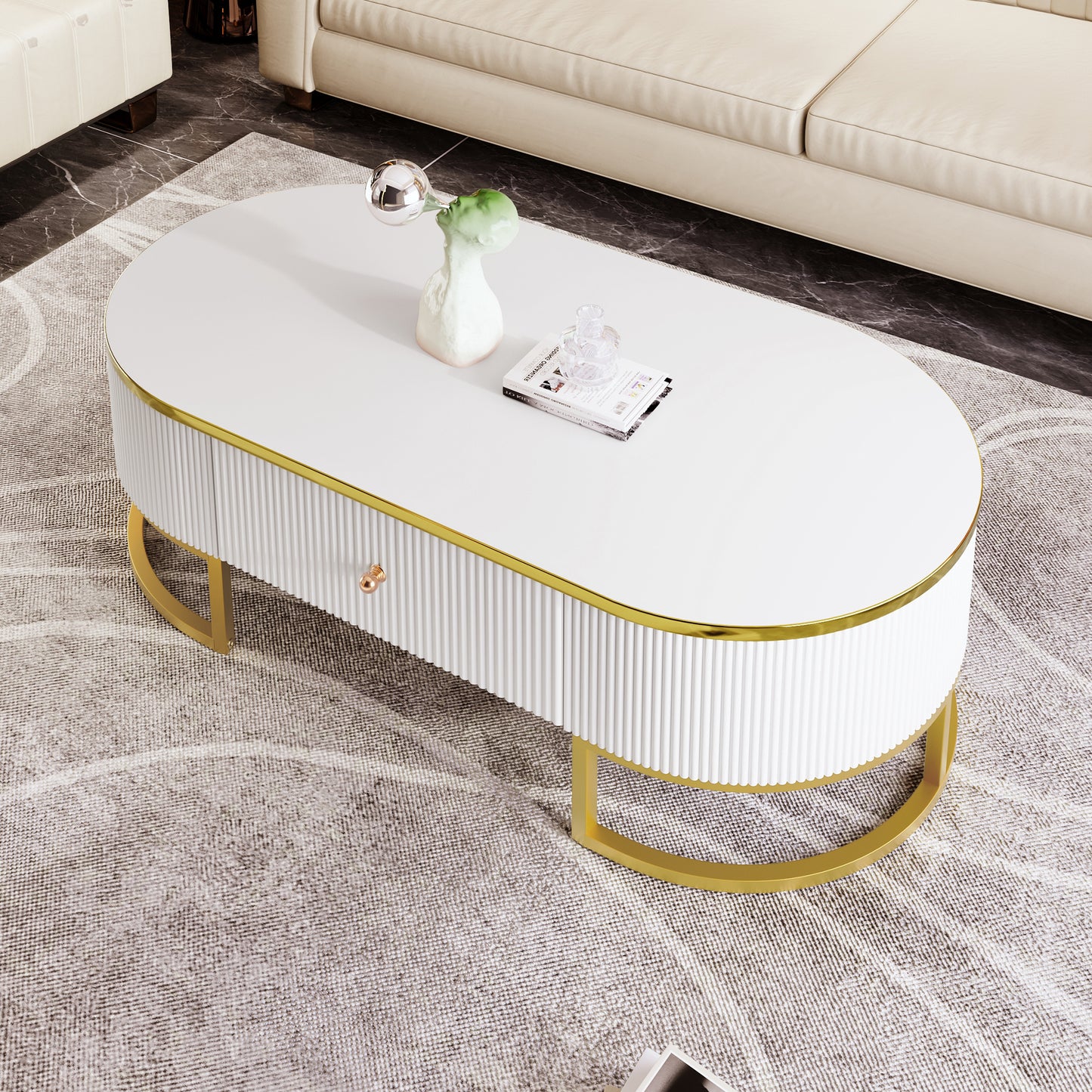 Modern Oval Coffee Table with Drawers,Curved Profile Design, Gold Metal Decor, Center Table for Living Room in 47.2'