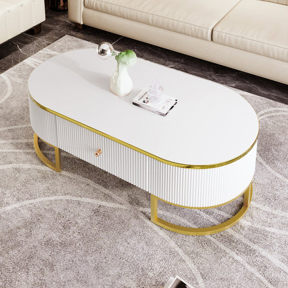 Modern Oval Coffee Table with Drawers,Curved Profile Design, Gold Metal Decor, Center Table for Living Room in 47.2'