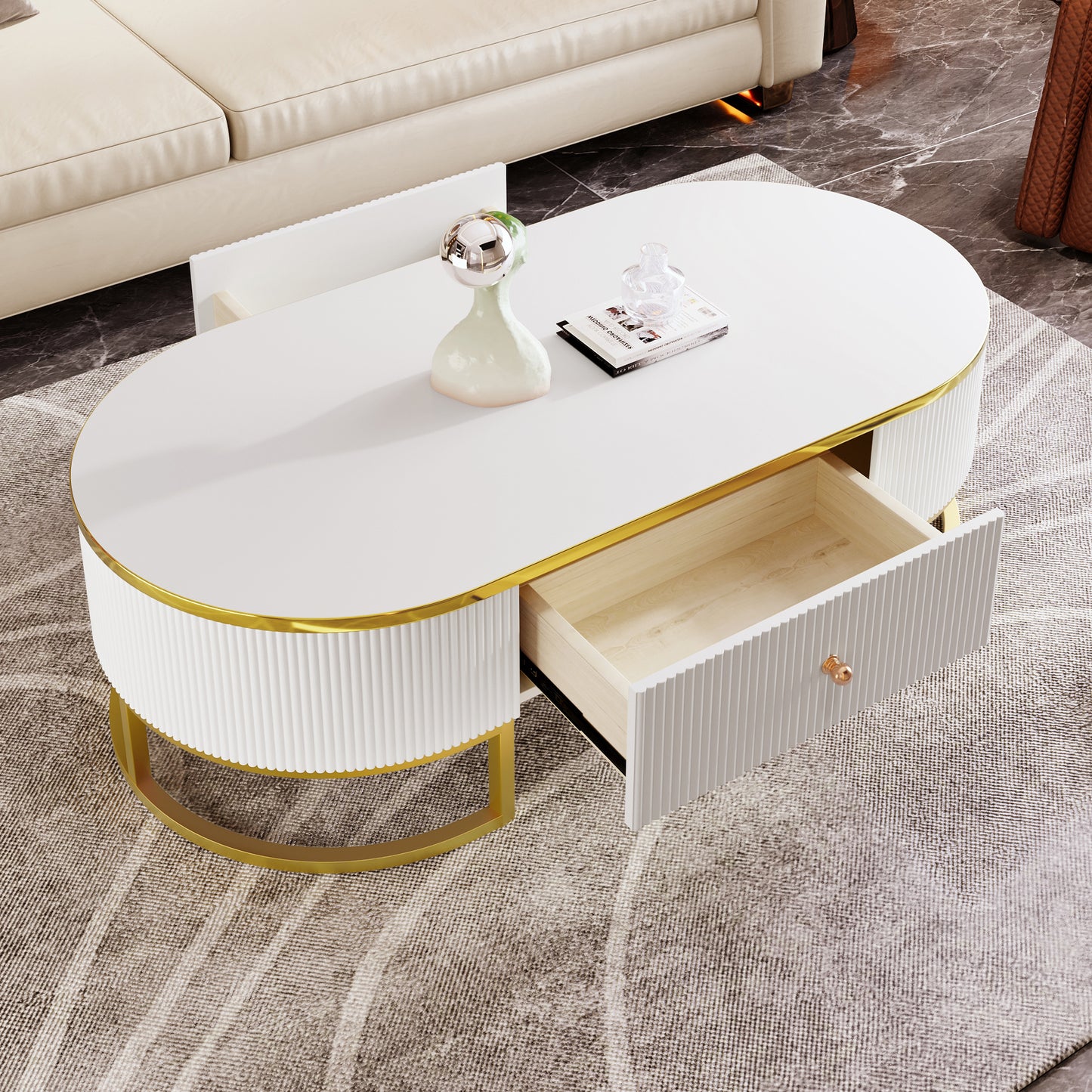 Modern Oval Coffee Table with Drawers,Curved Profile Design, Gold Metal Decor, Center Table for Living Room in 47.2'