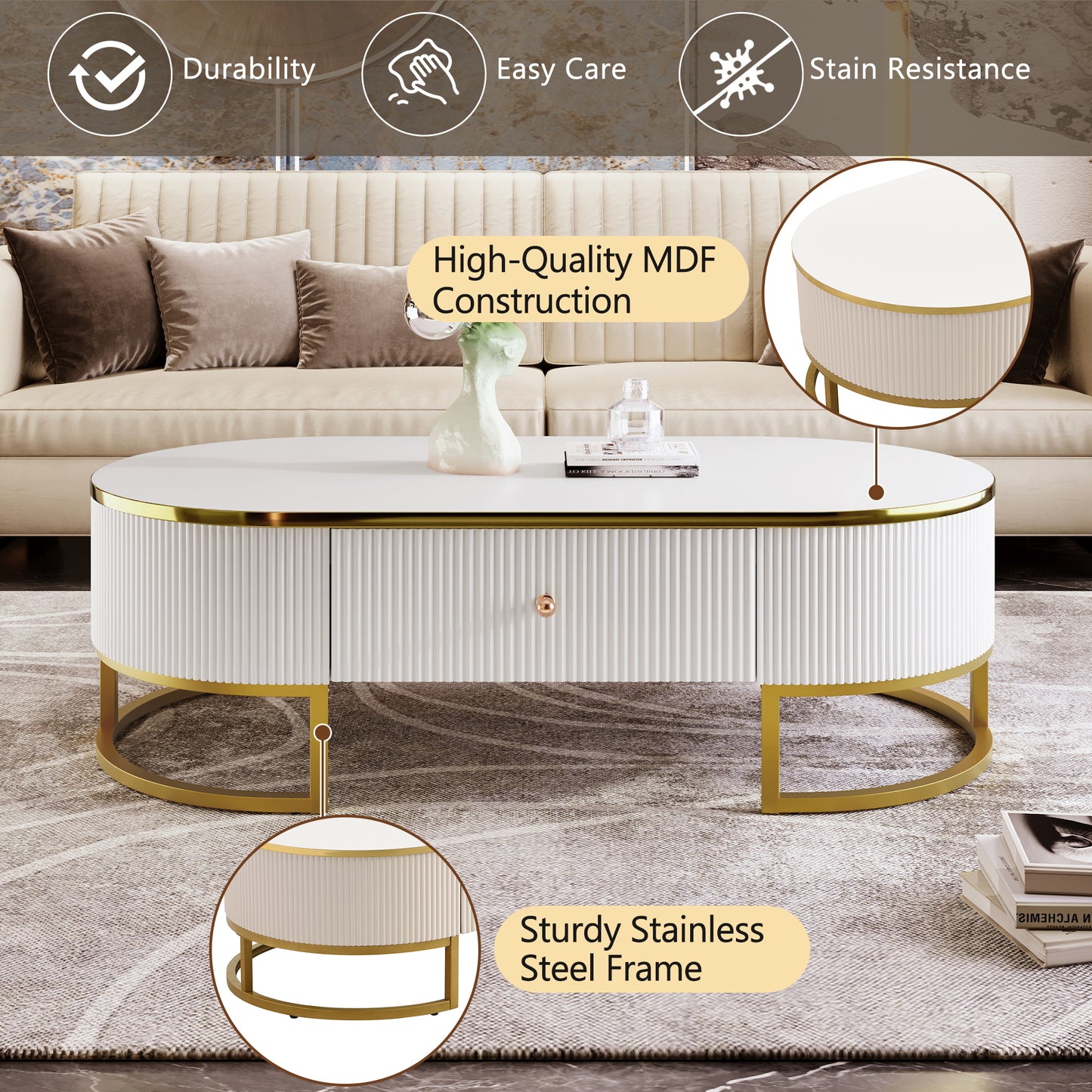 Modern Oval Coffee Table with Drawers,Curved Profile Design, Gold Metal Decor, Center Table for Living Room in 47.2'