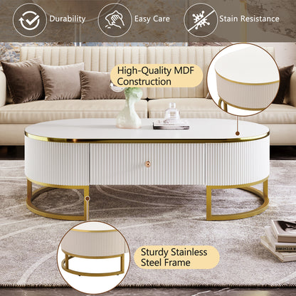 Modern Oval Coffee Table with Drawers,Curved Profile Design, Gold Metal Decor, Center Table for Living Room in 47.2'