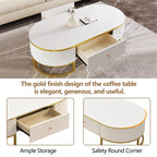 Modern Oval Coffee Table with Drawers,Curved Profile Design, Gold Metal Decor, Center Table for Living Room in 47.2'