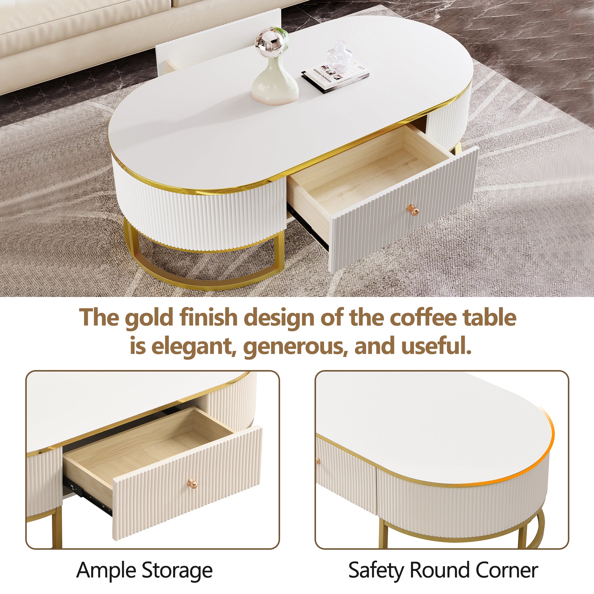 Modern Oval Coffee Table with Drawers,Curved Profile Design, Gold Metal Decor, Center Table for Living Room in 47.2'