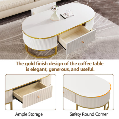 Modern Oval Coffee Table with Drawers,Curved Profile Design, Gold Metal Decor, Center Table for Living Room in 47.2'