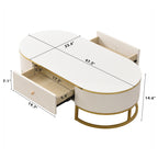 Modern Oval Coffee Table with Drawers,Curved Profile Design, Gold Metal Decor, Center Table for Living Room in 47.2'