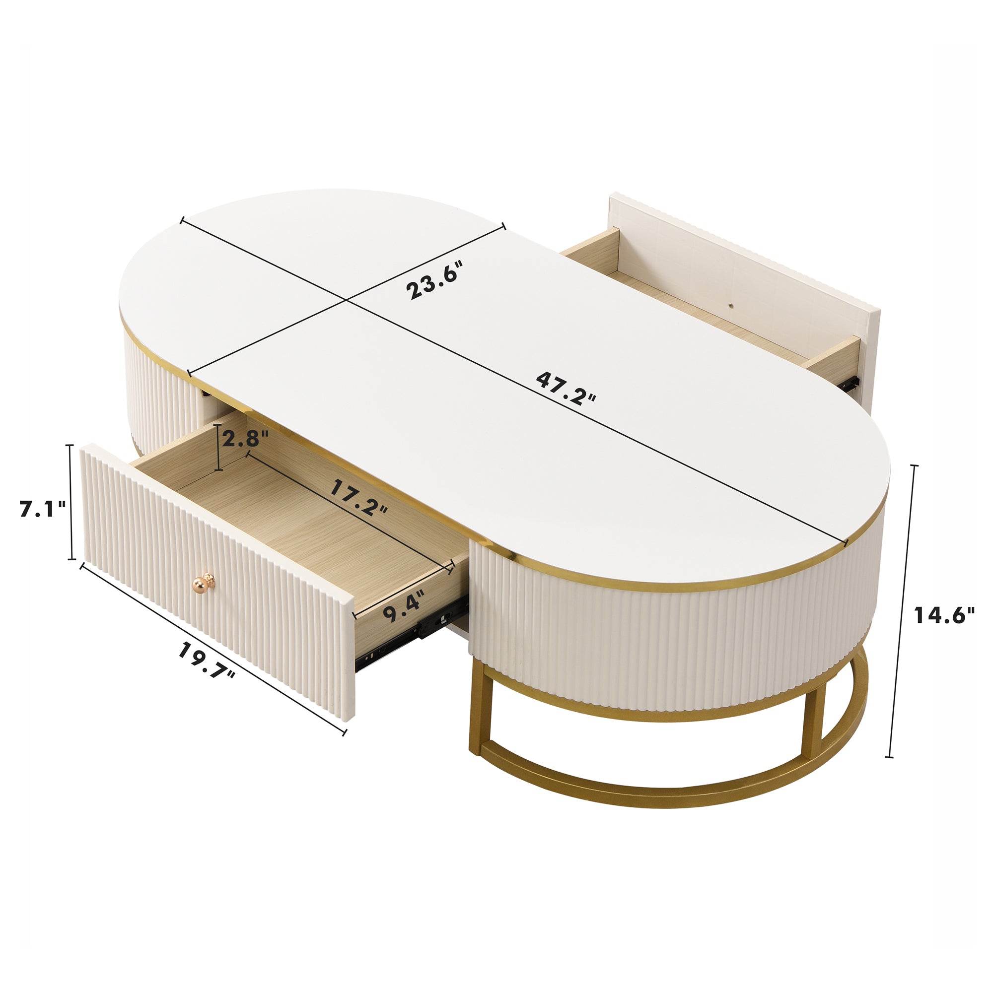 Modern Oval Coffee Table with Drawers,Curved Profile Design, Gold Metal Decor, Center Table for Living Room in 47.2'