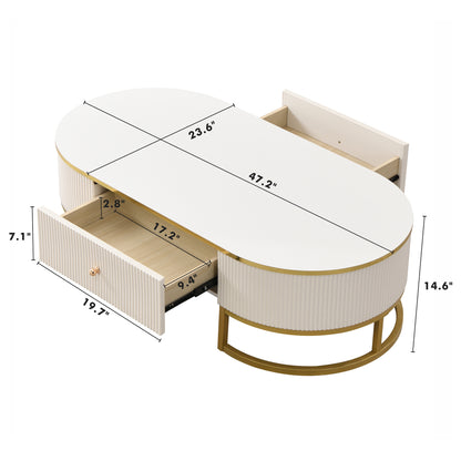 Modern Oval Coffee Table with Drawers,Curved Profile Design, Gold Metal Decor, Center Table for Living Room in 47.2'