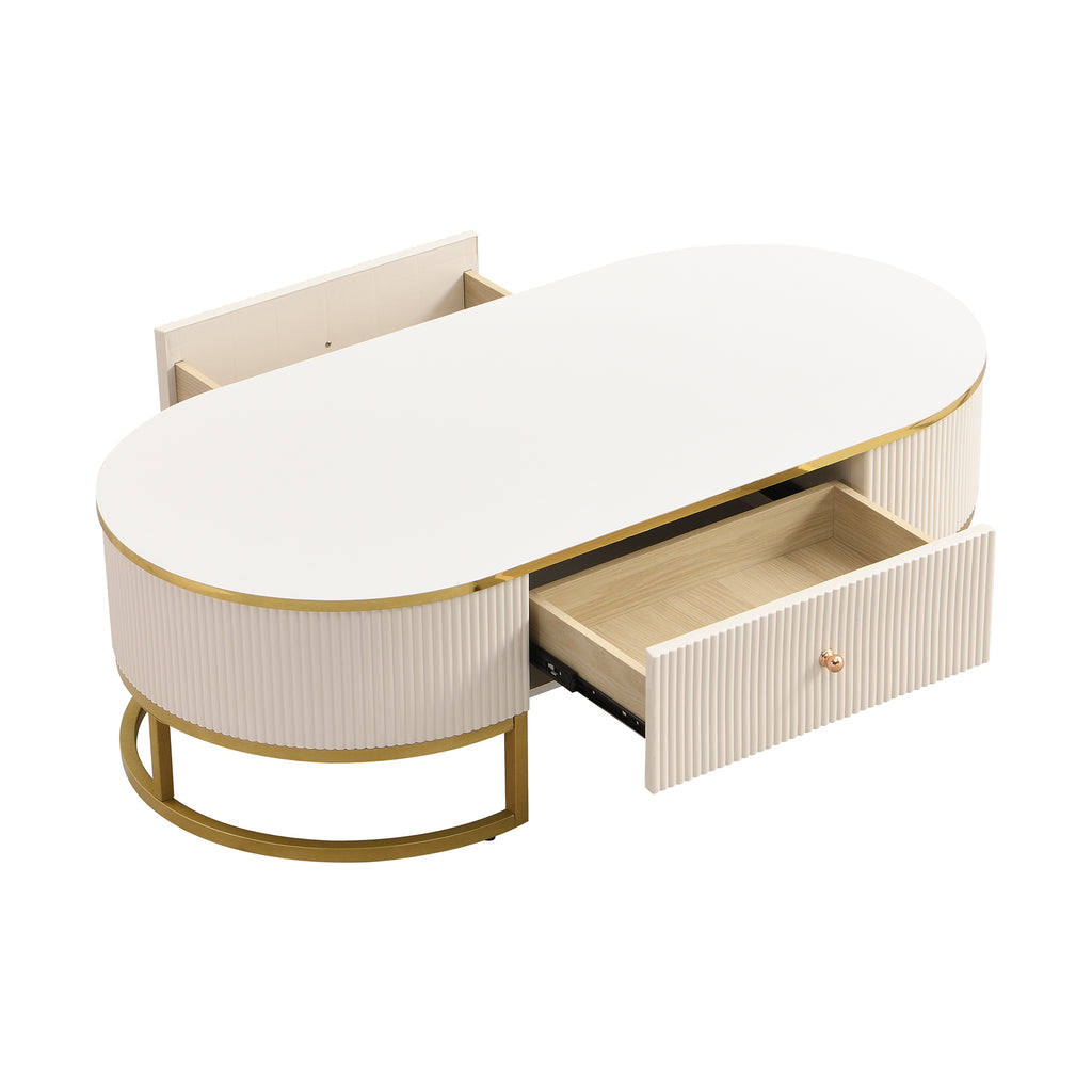 Modern Oval Coffee Table with Drawers,Curved Profile Design, Gold Metal Decor, Center Table for Living Room in 47.2'