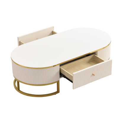 Modern Oval Coffee Table with Drawers,Curved Profile Design, Gold Metal Decor, Center Table for Living Room in 47.2'