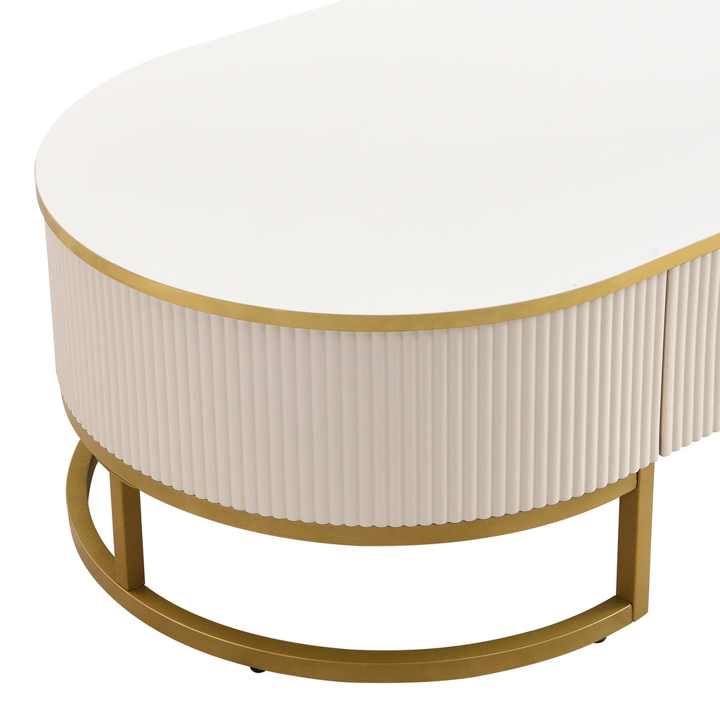 Modern Oval Coffee Table with Drawers,Curved Profile Design, Gold Metal Decor, Center Table for Living Room in 47.2'