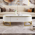 Modern Oval Coffee Table with Drawers,Curved Profile Design, Gold Metal Decor, Center Table for Living Room in 47.2'