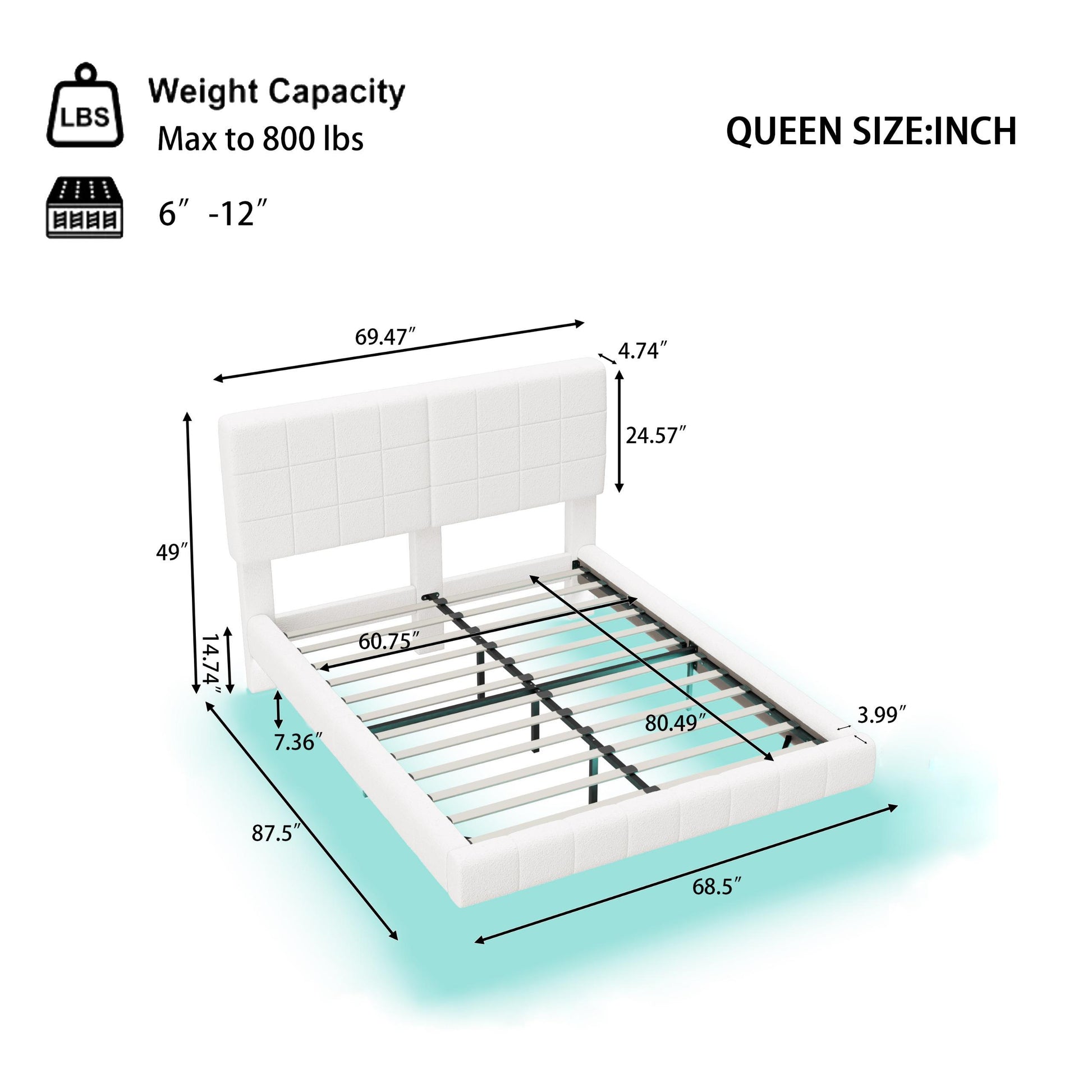 White Boucle Floating Bed with Light,Queen Bed Frame