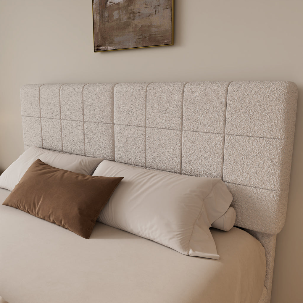 White Boucle Floating Bed with Light,Queen Bed Frame