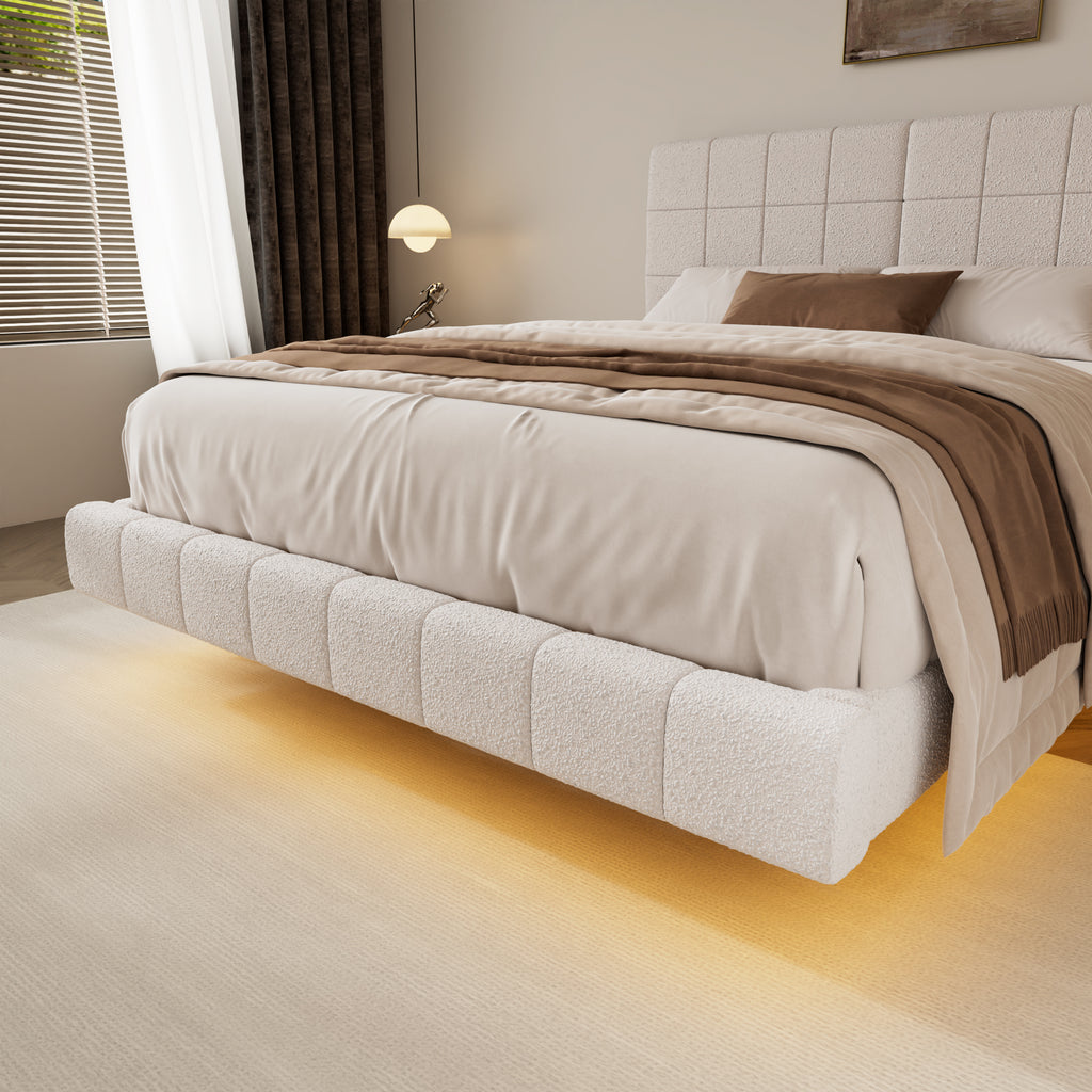 White Boucle Floating Bed with Light,Queen Bed Frame