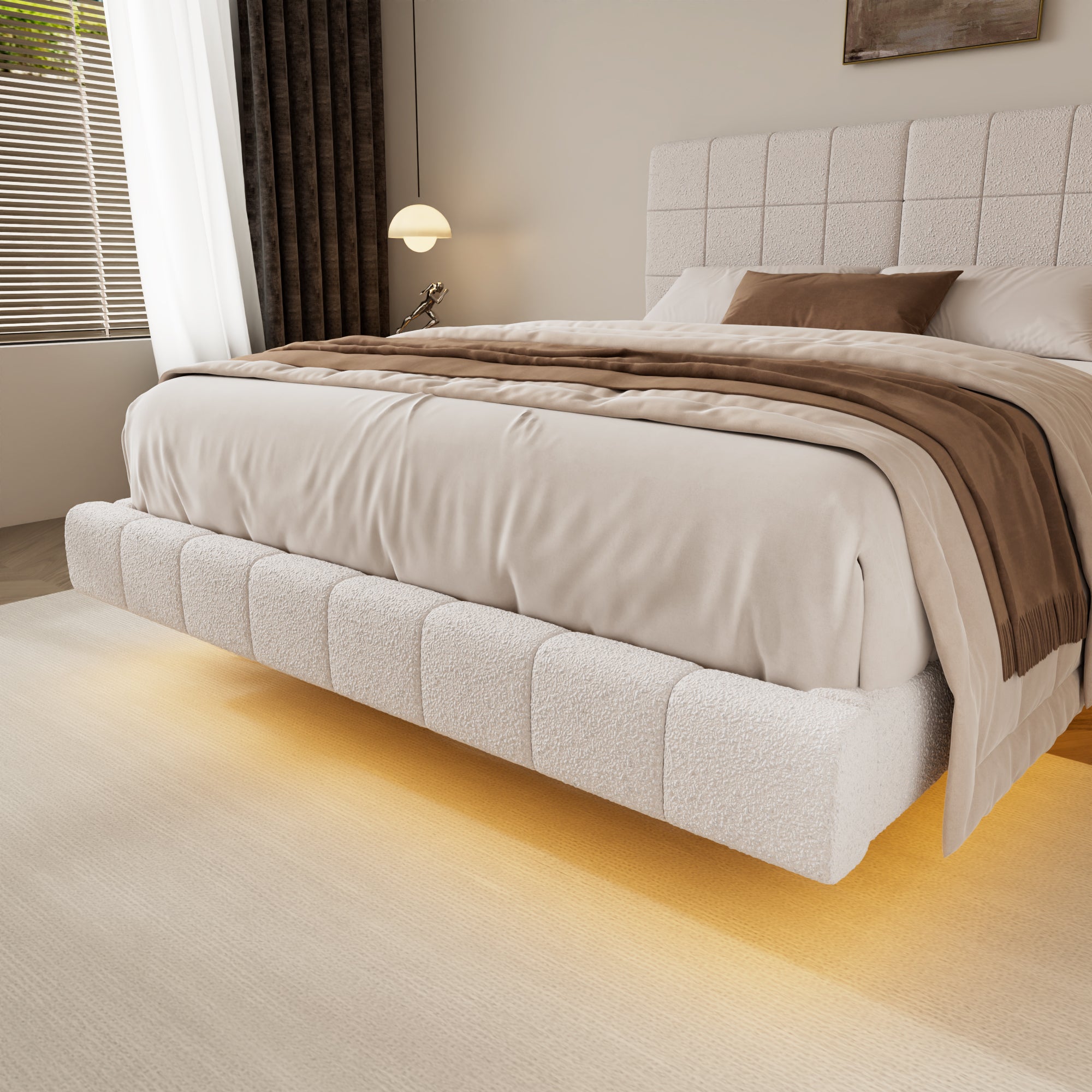White Boucle Floating Bed with Light,Queen Bed Frame