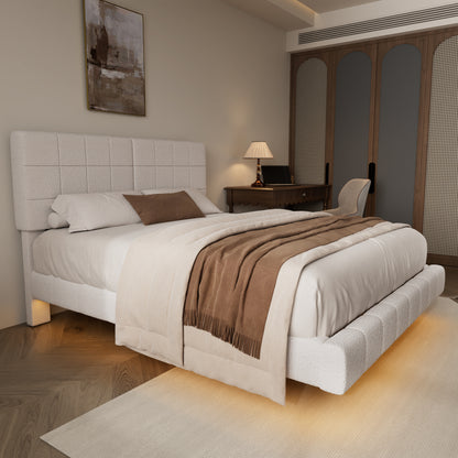 White Boucle Floating Bed with Light,Queen Bed Frame