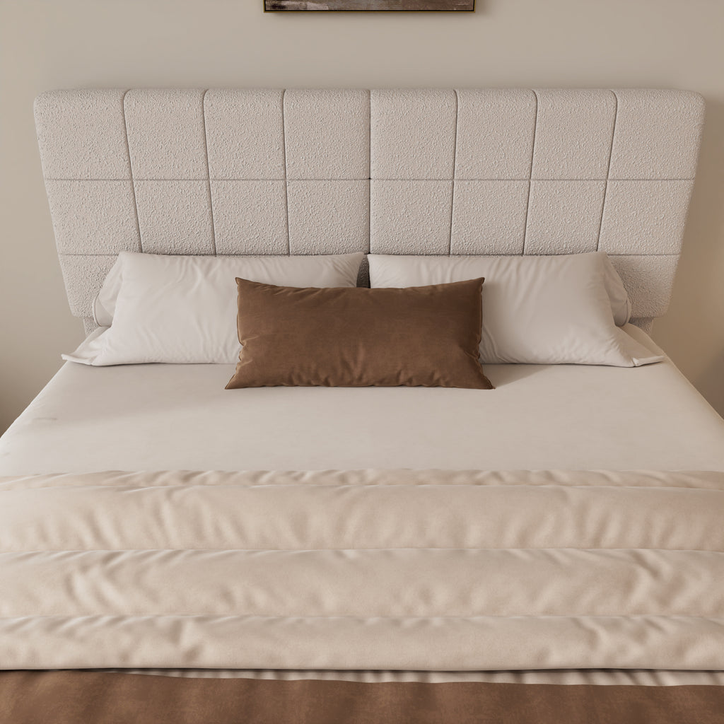 White Boucle Floating Bed with Light,Queen Bed Frame