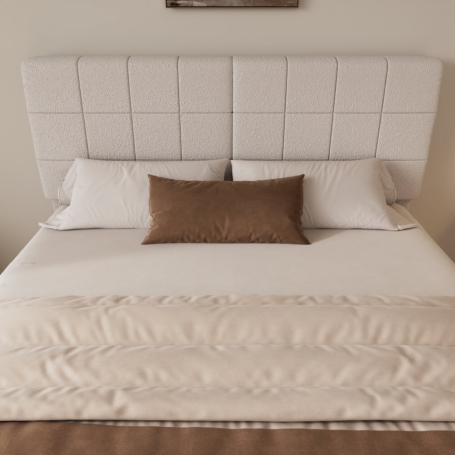 White Boucle Floating Bed with Light,Queen Bed Frame