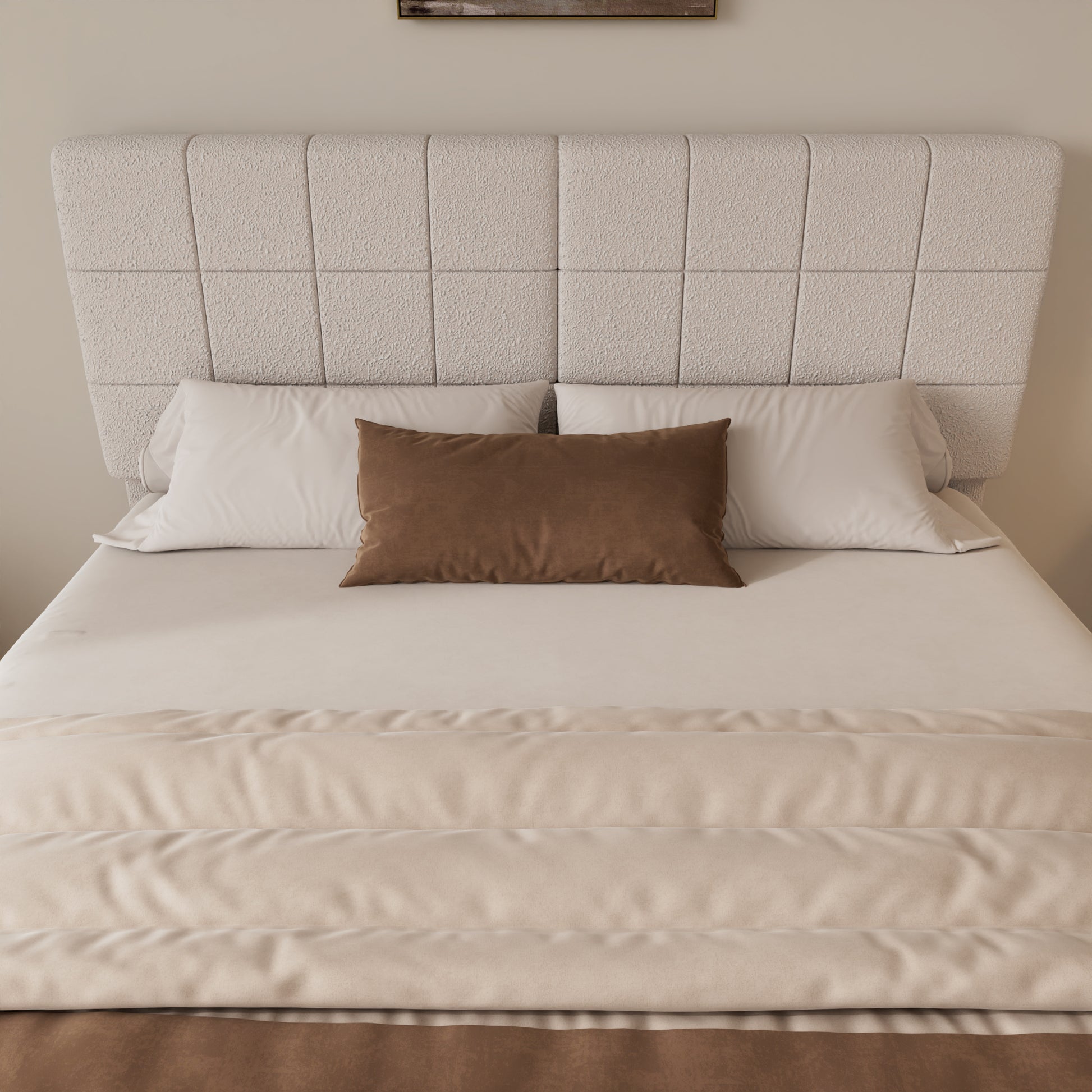 White Boucle Floating Bed with Light,Queen Bed Frame