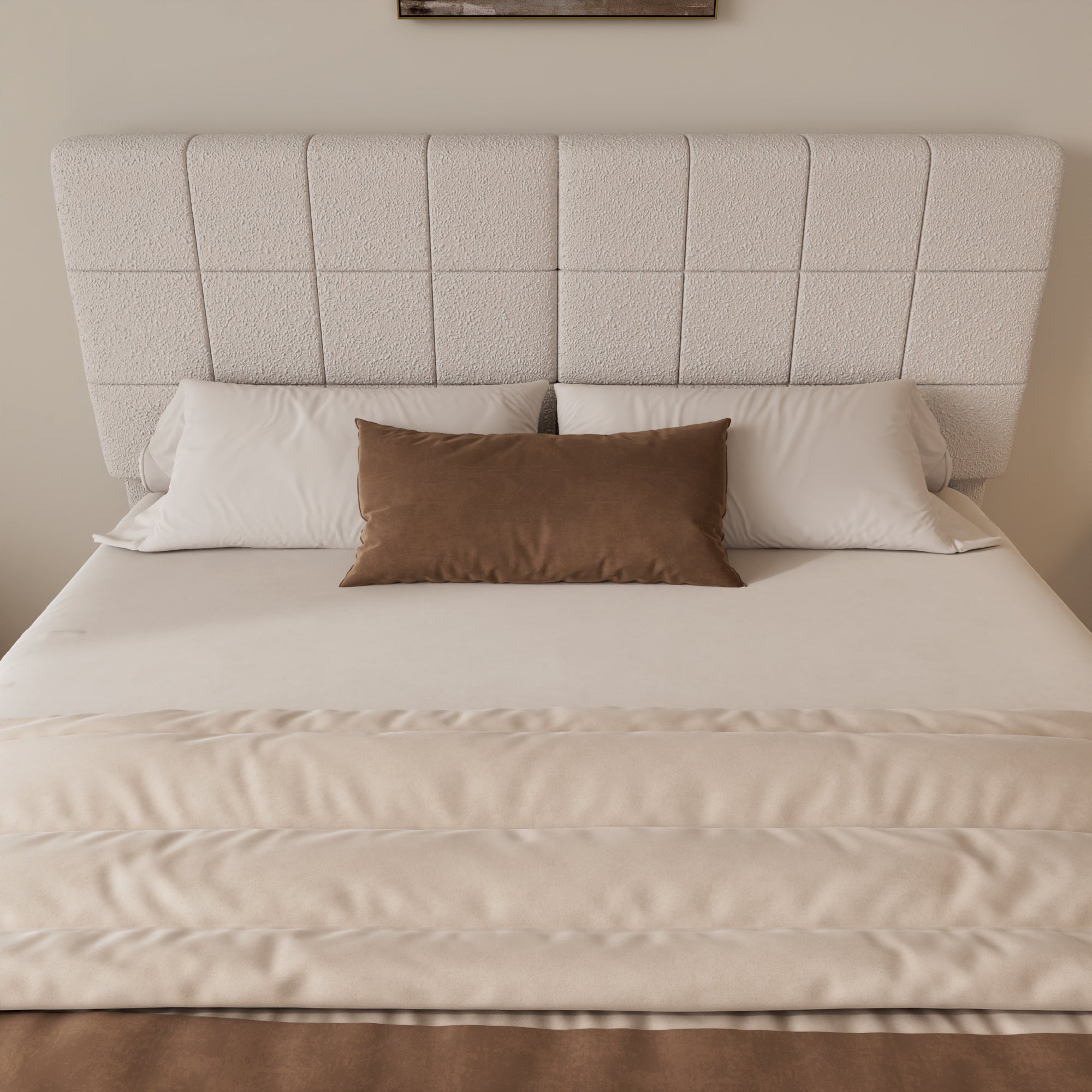 White Boucle Floating Bed with Light,Queen Bed Frame