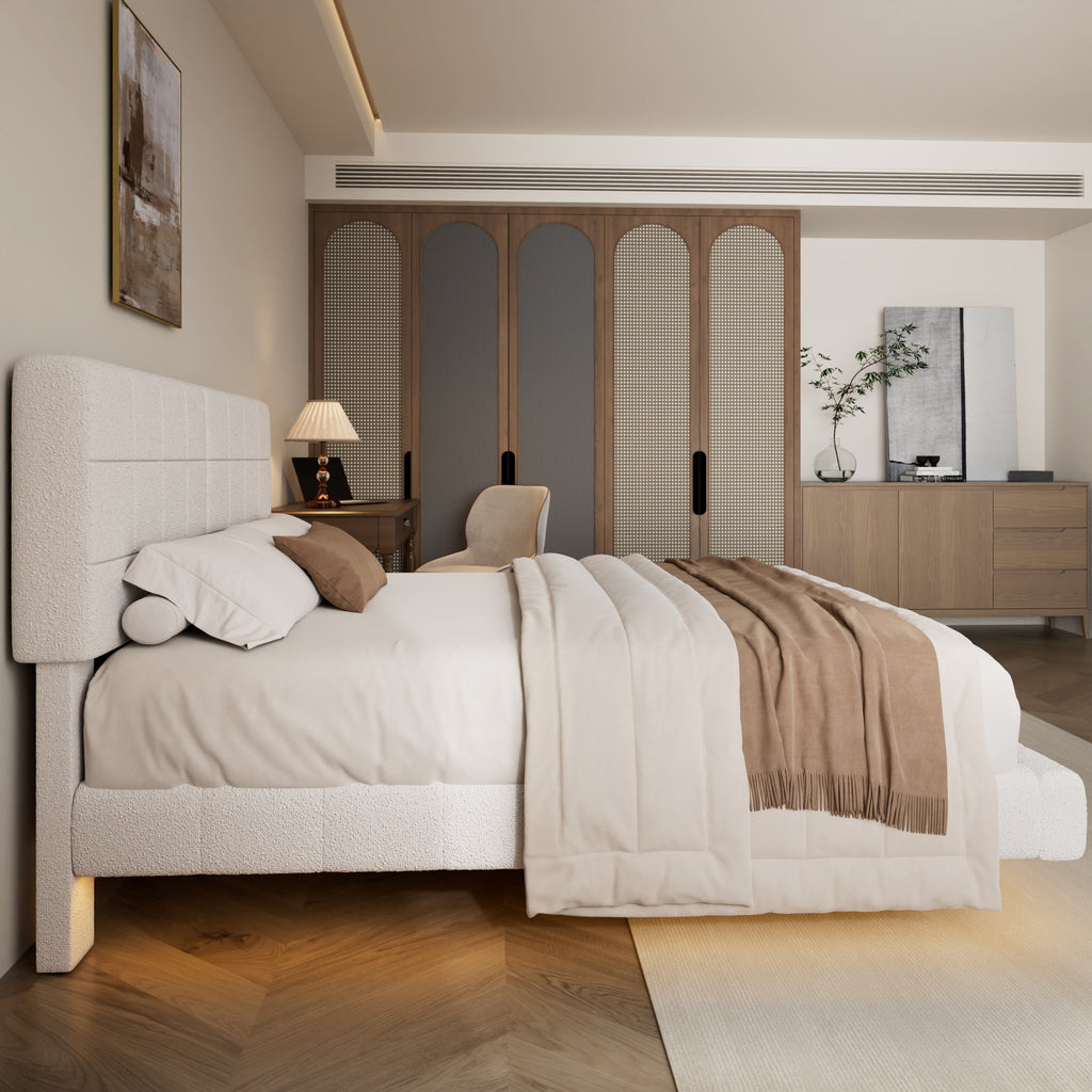 White Boucle Floating Bed with Light,Queen Bed Frame